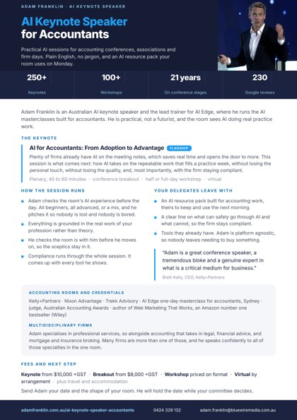 Adam Franklin, AI keynote speaker for accountants, one pager, first page