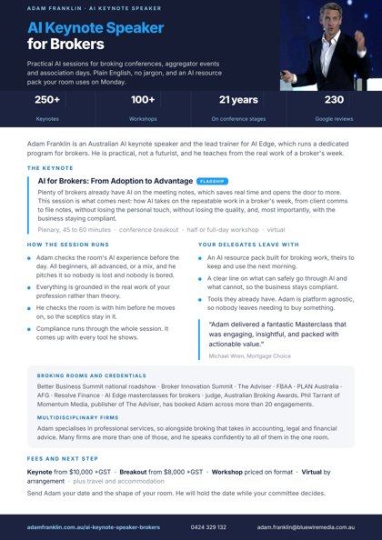 Adam Franklin, aI Keynote Speaker for Brokers, one pager, first page