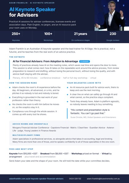 Adam Franklin, aI Keynote Speaker for Advisers, one pager, first page