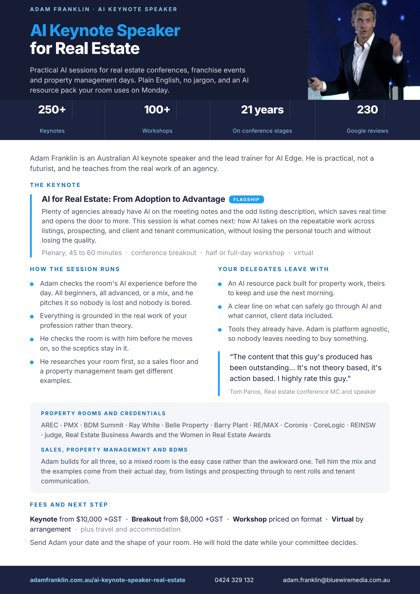Adam Franklin, aI Keynote Speaker for Real Estate, one pager, first page